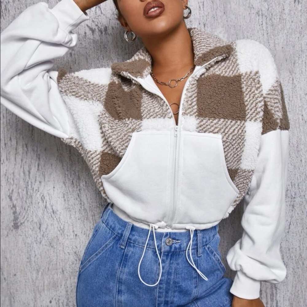 SHEIN Buffalo Plaid Drawstring Hem Teddy Jacket